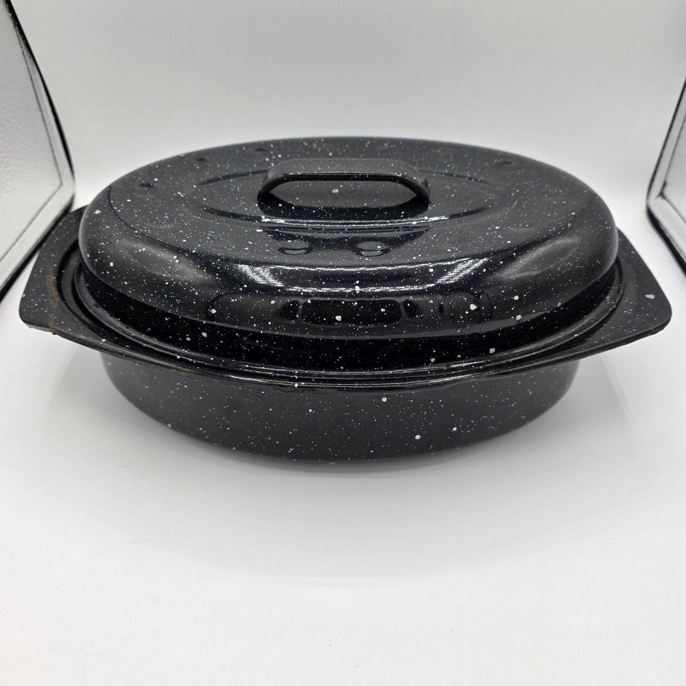 Vintage Black Speckled Enamelware Oval Roasting Pan with Lid 13in Granite Ware